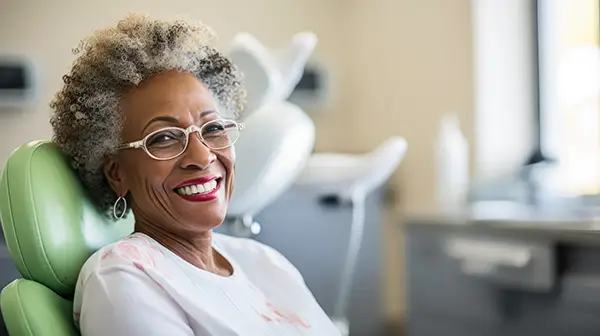 An older woman with glasses smiling in a dentist chair, ready for her dental implant consultation at Riverwind Dental in Richmond, VA