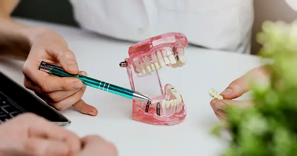 Dentist using a pink dental model to explain how a dental bridge works at Riverwind Dental in Henrico, VA